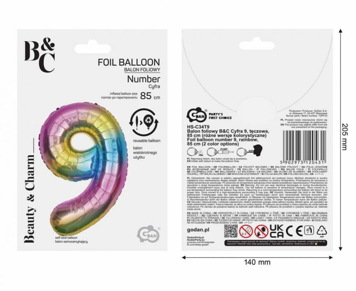 Godan Folie Ballon Regenboog Cijfer 9 | 86cm