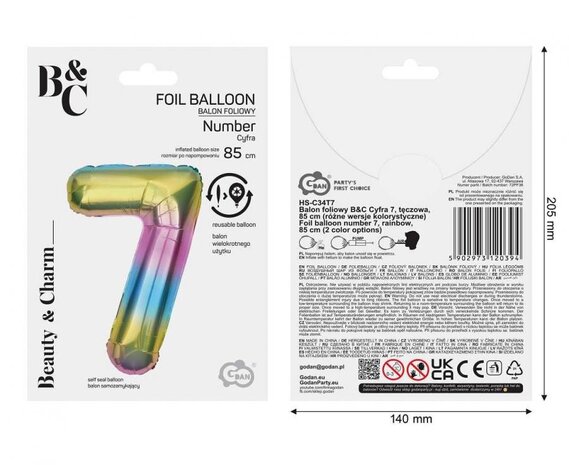Godan Rainbow Number 7 Foil Balloon | 86 cm Godan Rainbow Number 7 Foil Balloon | 86 cm