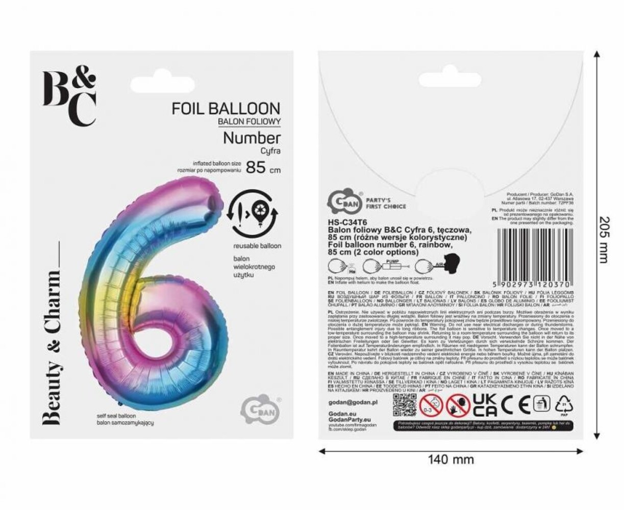Godan Ballon en aluminium chiffre 6 arc-en-ciel | 86 cm Godan Ballon en aluminium chiffre 6 arc-en-ciel | 86 cm