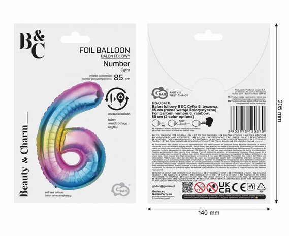 Godan Folie Ballon Regenboog Cijfer 6 | 86cm Godan Folie Ballon Regenboog Cijfer 6 | 86cm