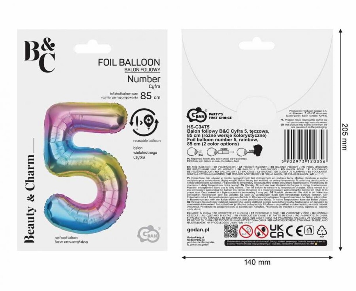 Godan Folie Ballon Regenboog Cijfer 5 | 86cm
