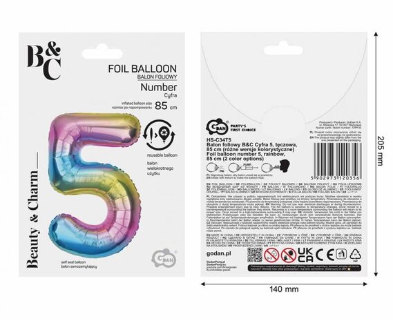 Godan Ballon en aluminium chiffre 5 arc-en-ciel | 86 cm