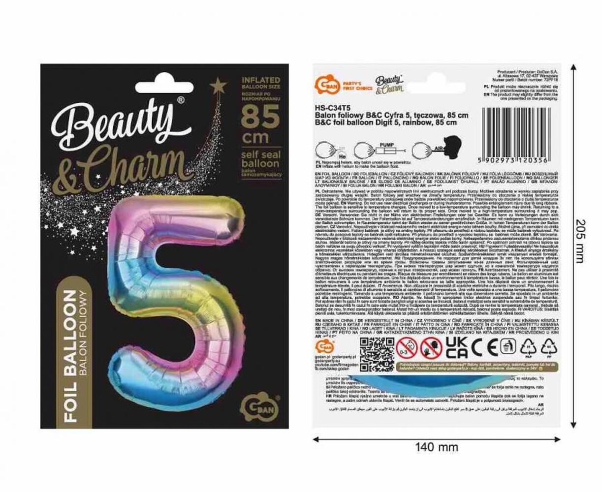 Godan Rainbow Number 5 Foil Balloon | 86 cm