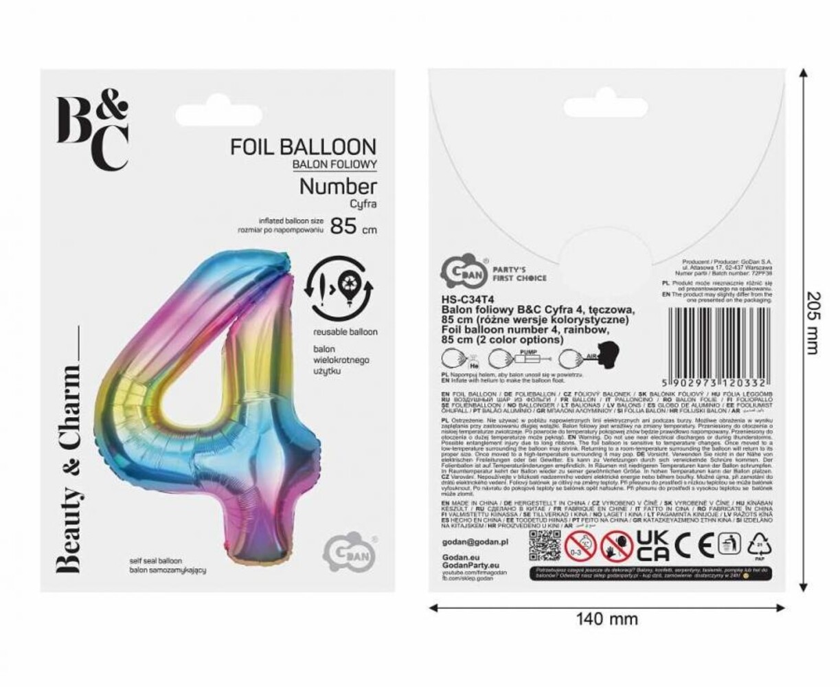 Godan Folie Ballon Regenboog Cijfer 4 | 86cm Godan Folie Ballon Regenboog Cijfer 4 | 86cm