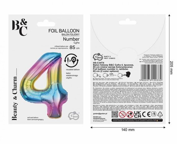 Godan Ballon en aluminium chiffre 4 arc-en-ciel | 86 cm Godan Ballon en aluminium chiffre 4 arc-en-ciel | 86 cm