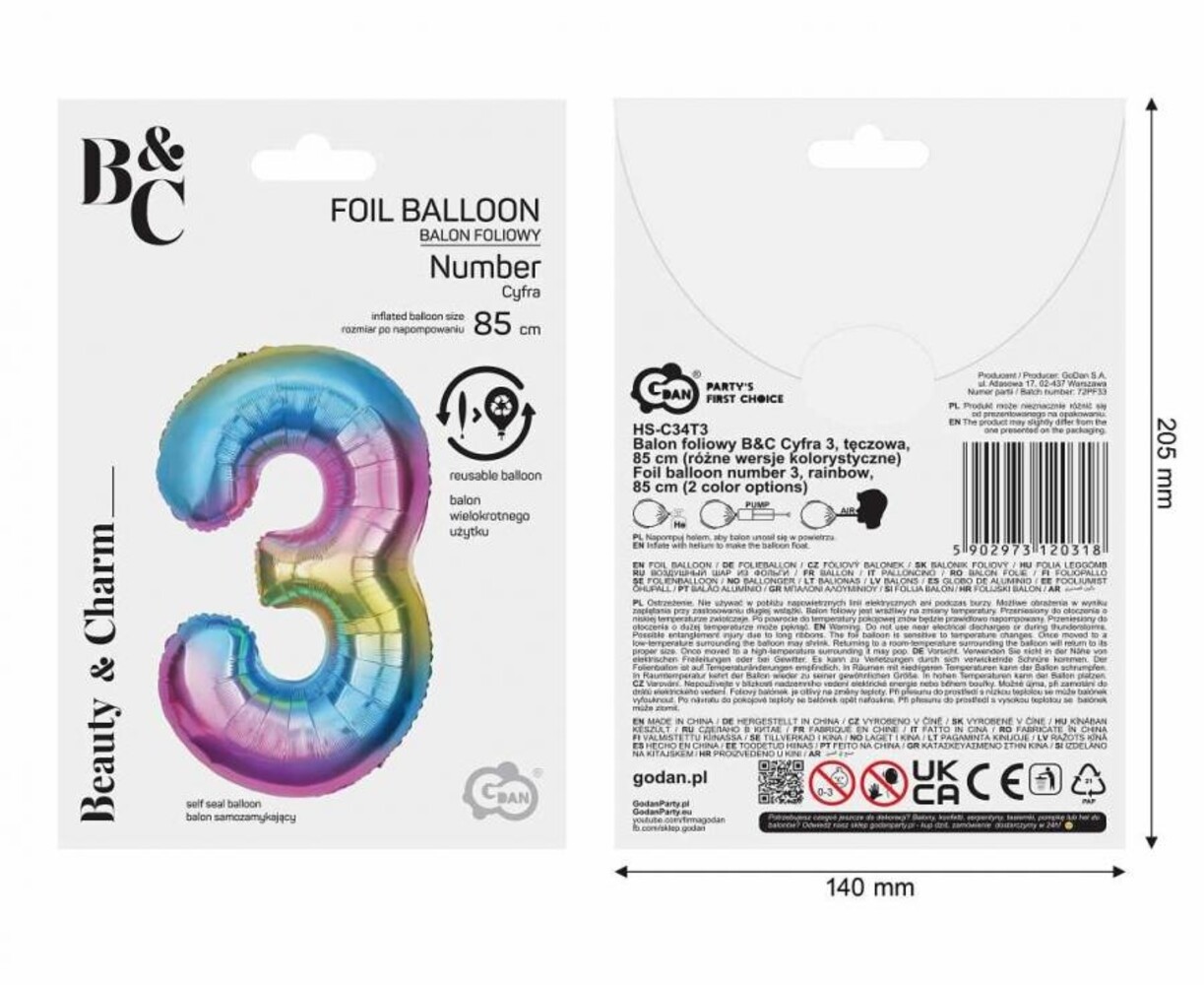 Godan Folie Ballon Regenboog Cijfer 3 | 86cm Godan Folie Ballon Regenboog Cijfer 3 | 86cm