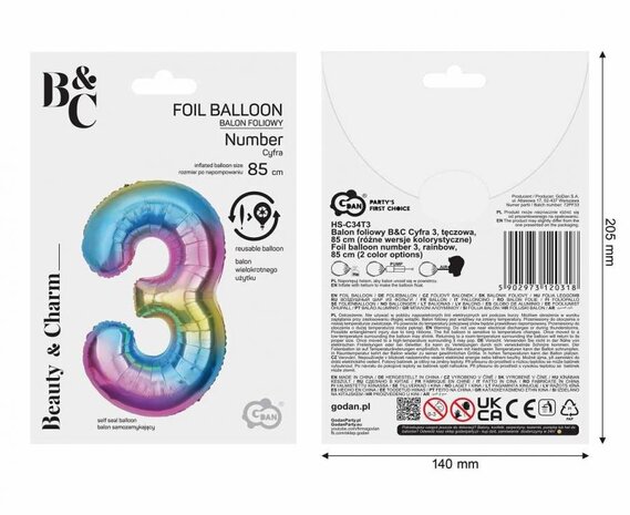 Godan Folienballon Regenbogen Zahl 3 | 86 cm Godan Folienballon Regenbogen Zahl 3 | 86 cm