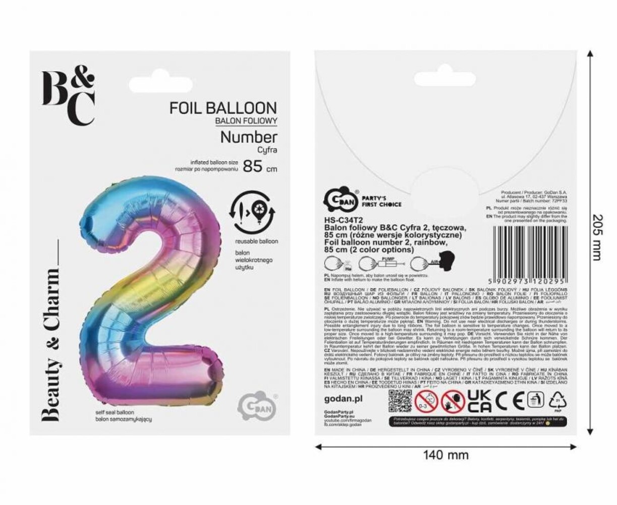 Godan Ballon en aluminium chiffre 2 arc-en-ciel | 86 cm Godan Ballon en aluminium chiffre 2 arc-en-ciel | 86 cm