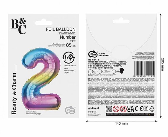 Godan Ballon en aluminium chiffre 2 arc-en-ciel | 86 cm Godan Ballon en aluminium chiffre 2 arc-en-ciel | 86 cm