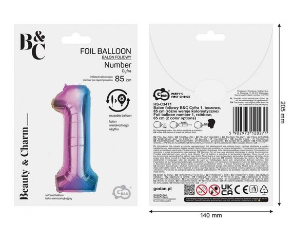Godan Folie Ballon Regenboog Cijfer 1 | 86cm Godan Folie Ballon Regenboog Cijfer 1 | 86cm
