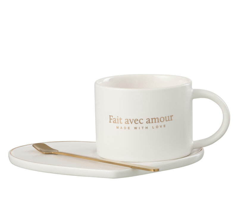 TAS MET SCHOTEL EN LEPEL - PORSELEIN