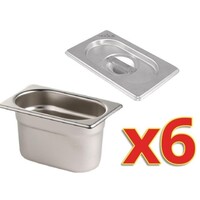 Set de 6 Bacs GN 1/9 avec Couvercles | Inox | 100mm Profonddeur