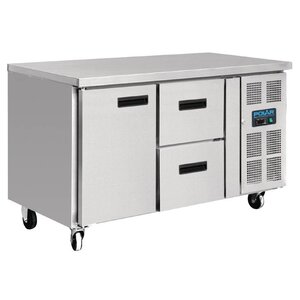 Polar Comptoir Réfrigéré Inox + 1 Porte 2 Tirroirs - 228 Litres | Sur Roues