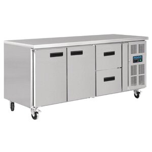 Polar Comptoir Réfrigéré Inox 2 Portes 2 Tirroirs - Roulettes - 417 Litres