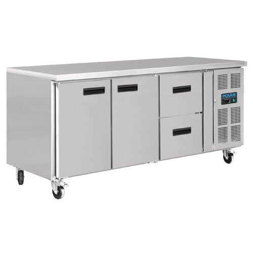 Polar Comptoir Réfrigéré Inox 2 Portes 2 Tirroirs - Roulettes - 417 Litres