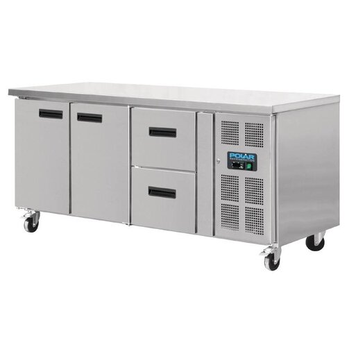 Polar Comptoir Réfrigéré Inox 2 Portes 2 Tirroirs - Roulettes - 417 Litres