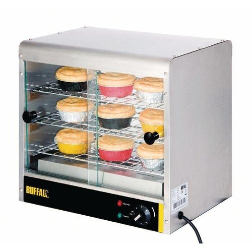 Buffalo Vitrine Chauffante Inox | avec Fenêtres Coulissantes | 3 Grilles | Éclairage LED | 470x360x430(h)mm