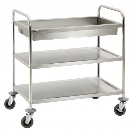 Bartscher Chariot De Service Inox - 2 Plateaux - Bac de Débarrassage - 920x600x945(h)mm