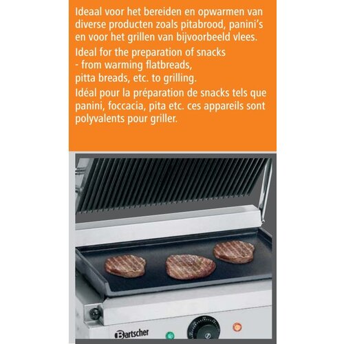 Bartscher Grill De Contact Électrique 'Panini' - Rainurée/Lisse - 2200W - 410x370x200(h)mm