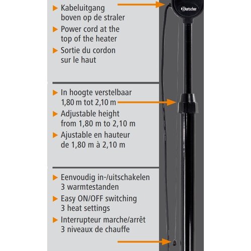 Bartscher Chauffe-Terrasse | 3 Niveaux De Chauffe | 2kW | 230V | 550x500x1800-2000(h)mm