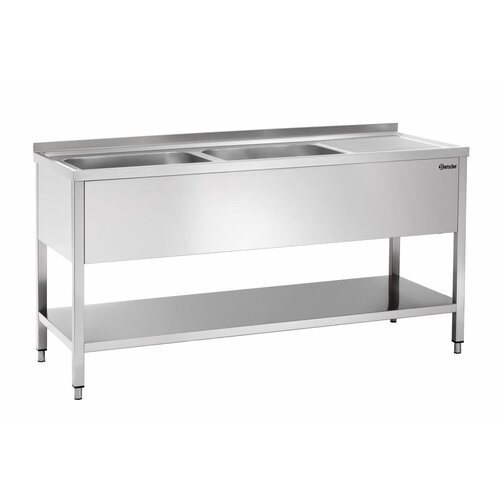 Bartscher Table de Prélavage Inox Poli LUXE - 2 Bacs 500x500x250(h)mm - Égouttoir à Droite - 1600x700x850-900(h)mm