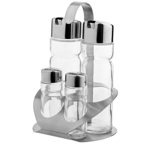 Hendi Ménagère Inox - Set de 4 Pièces: Poivre, Sel, Huile, Vinaigre - 130x110x185(h)mm