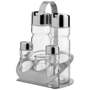 Hendi Ménagère Inox - Set de 5 Pièces: Poivre, Sel, Huile, Vinaigre, Pot à Cure-Dents - 130x110x185(h)mm