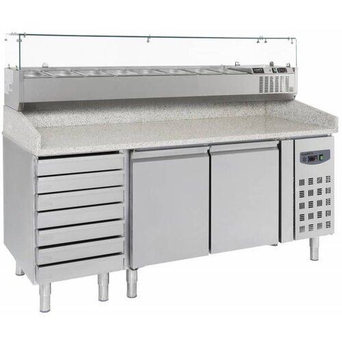 Combisteel Comptoir à Pizza Inox | 2 Portes et 7 Tiroirs | 2030x800x1000(h)mm