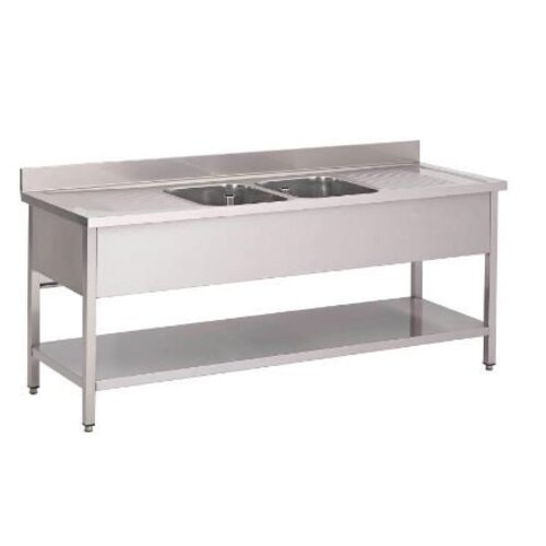 Gastro M Table de Prélavage Inox | 2 Eviers + Étagère Basse | USAGE INTENSIF | 2000x700x850(h)mm