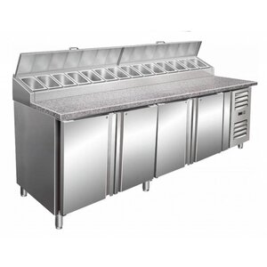 Saro Comptoir à Pizza 14 x 1/3GN | Plan de travail Granit | 4 Portes | 2500x850x1080-1140(h)mm