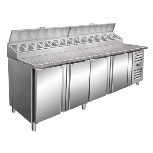 Saro Comptoir à Pizza 14 x 1/3GN | Plan de travail Granit | 4 Portes | 2500x850x1080-1140(h)mm