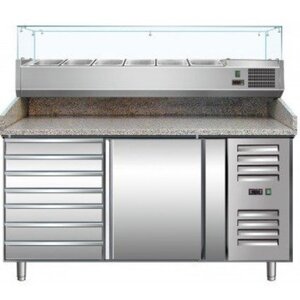 Saro Comptoir à Pizza INOX | 1 Porte + 7 Tiroirs | Présentoir en Verre 6x 1/3GN