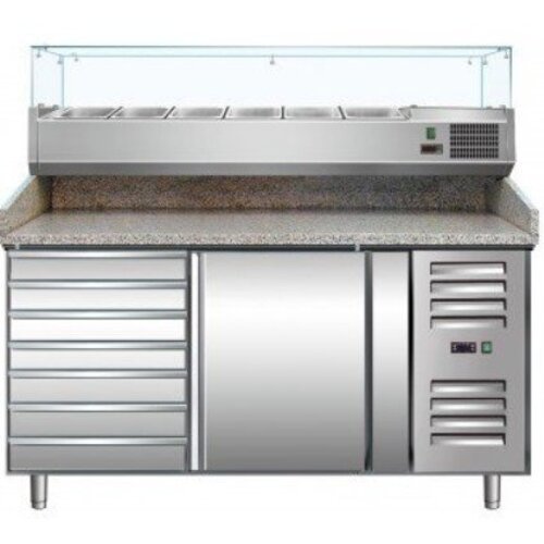 Saro Comptoir à Pizza INOX | 1 Porte + 7 Tiroirs | Présentoir en Verre 6x 1/3GN
