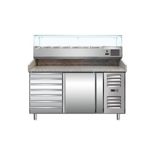 Saro Comptoir à Pizza INOX | 1 Porte + 7 Tiroirs | Présentoir en Verre 6x 1/3GN