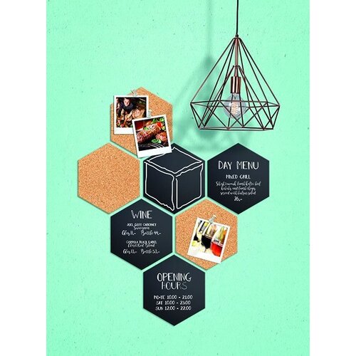 Securit Hexagones de Décoration | 4x Ardoise, 3x Liège | Incl. Craie et Velcro |155x180mm