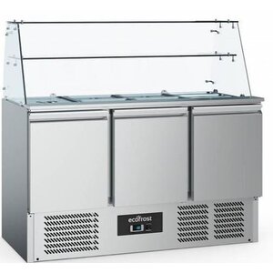 Combisteel Saladette inox | 3 Portes | avec Vitrine en Verre | 1365x700x850(h)mm