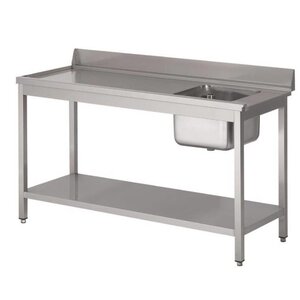 Gastro M Table d'entrée Lave-Vaisselle INOX | Bac à Droite | Dosseret et Etagere Basse | 1400x700x850(h)mm