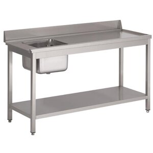 Gastro M Table d'entrée Lave-Vaisselle INOX | Bac à Gauche | Dosseret et Etagere Basse | 1400x700x850(h)mm