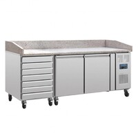 Comptoir à Pizza INOX | Dessus Marbre | 2 Portes 7 Tiroirs | 2025x800x1000(h)mm