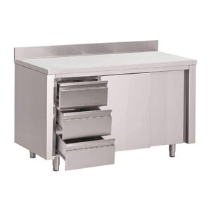 Gastro M Comptoir Inox avec Dosseret | 3 Tiroirs à Gauche |Portes Coulissantes | Gastro M | Disponibles en 6 Tailles