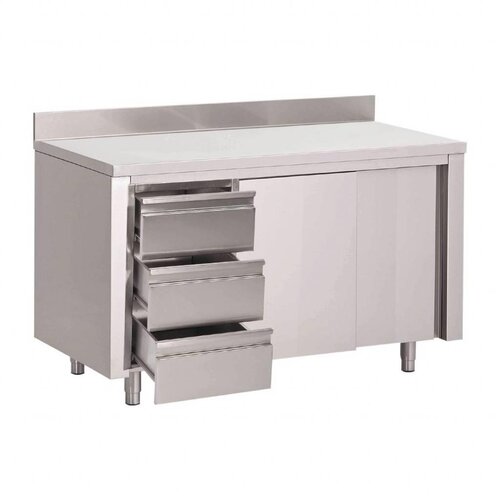 Gastro M Comptoir Inox avec Dosseret | 3 Tiroirs à Gauche |Portes Coulissantes | Gastro M | Disponibles en 6 Tailles