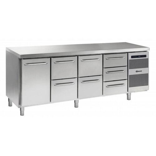 Gram Comptoir Réfrigérateur | INOX | 1 Porte + 2+2+3 Tiroirs | Gram GASTRO 07 K 2207 CSG A DL | 2D | 2D | 3D L2 | 2163x700x885 | 950(h)mm