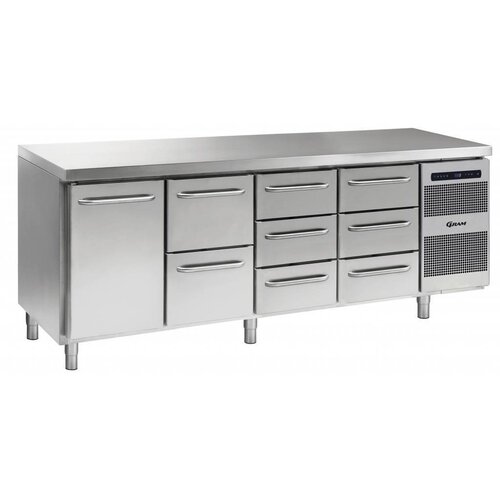 Gram Comptoir Réfrigérateur | INOX | 1 Porte + 2+3+3 Tiroirs | Gram GASTRO 07 K 2207 CSG A DL | 2D | 3D | 3D L2 | 2163x700x885 | 950(h)mm
