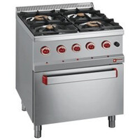 Fourneau à gaz | 4 Feux | 400V | 3,5 et 6kW | avec four électrique GN 2/1 | 700x700x(h)850/920mm