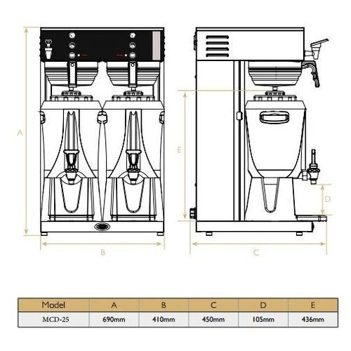 Diamond Machine à café filtres | Remplissage automatique | 4,4 kW | 2 containers dispenser 2x 2,5 Litres | robinet eau chaude