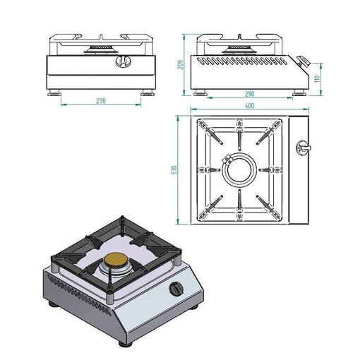 Diamond Réchaud de Comptoir gaz | 1 feu vif | 5 kW | 380x400x(h)200mm