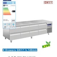 Soubassement Réfrigéré | INOX | 8 Tiroirs GN 1/1 h.100 mm | 2000x700x(h)630/650mm | DELUXE