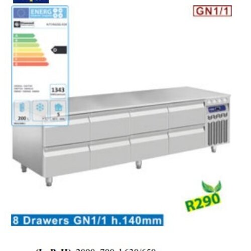 Diamond Soubassement Réfrigéré | INOX | 8 Tiroirs GN 1/1 h.100 mm | 2000x700x(h)630/650mm | DELUXE
