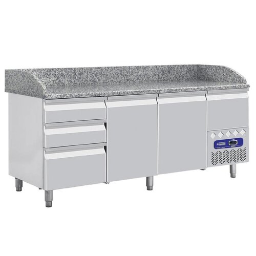 Diamond Comptoir Réfrégirateur | 2 portes 600x400 | 3 tiroirs neutres + tiroir ustensiles | 198x72x109cm | Plan de travail marbré