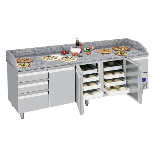 Diamond Comptoir Réfrégirateur | 3 portes 600x400 | 3 tiroirs neutres + tiroir ustensiles | 249x72x109cm | Plan de travail marbré